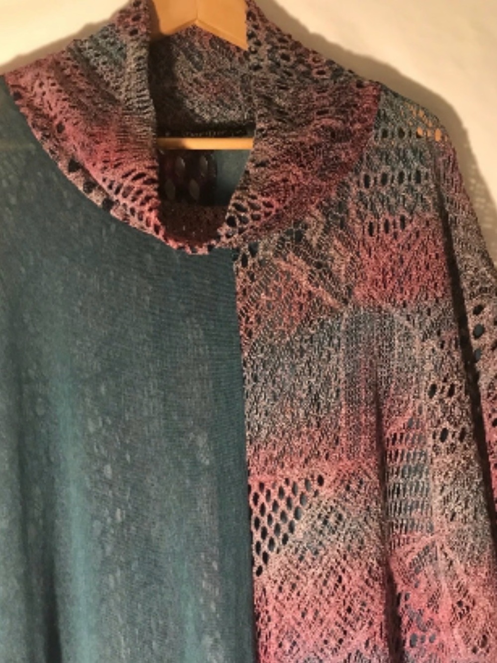 Dor Dor Couture Teal Purple Crochet Poncho Cowl Neck Boho Open Knit OSFM - Picture 3 of 12